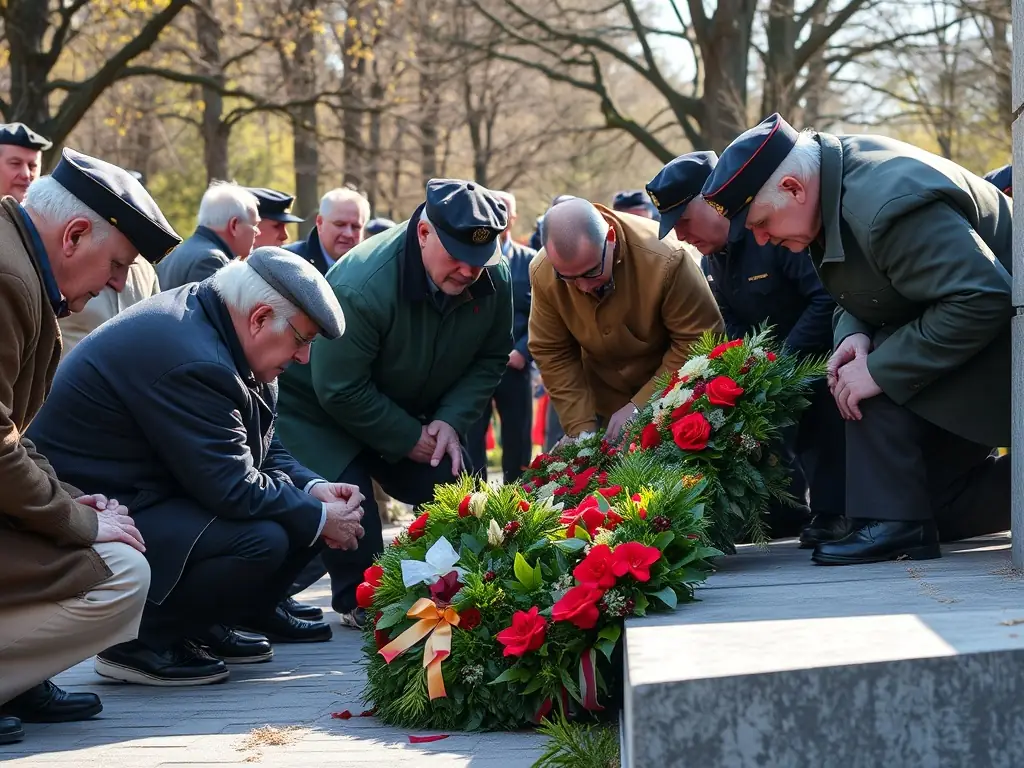 A group of veterans participating in a commemorative event, laying wreaths at a memorial site. The image should convey respect, remembrance, and community spirit.