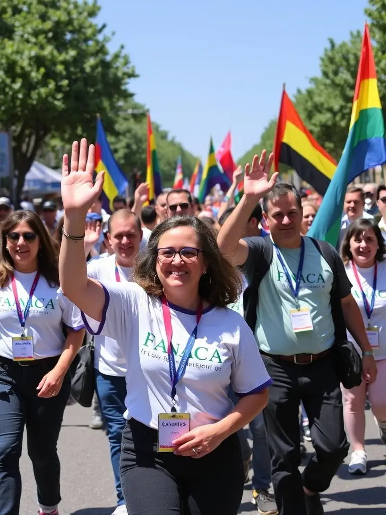 A photograph showcasing FNACA members participating in a community engagement initiative, such as a local parade or a volunteer event, demonstrating their active involvement in the community.