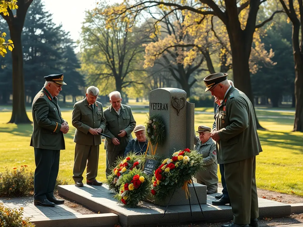 A group of veterans participating in a commemorative event, laying wreaths at a memorial site, with a solemn and respectful atmosphere.