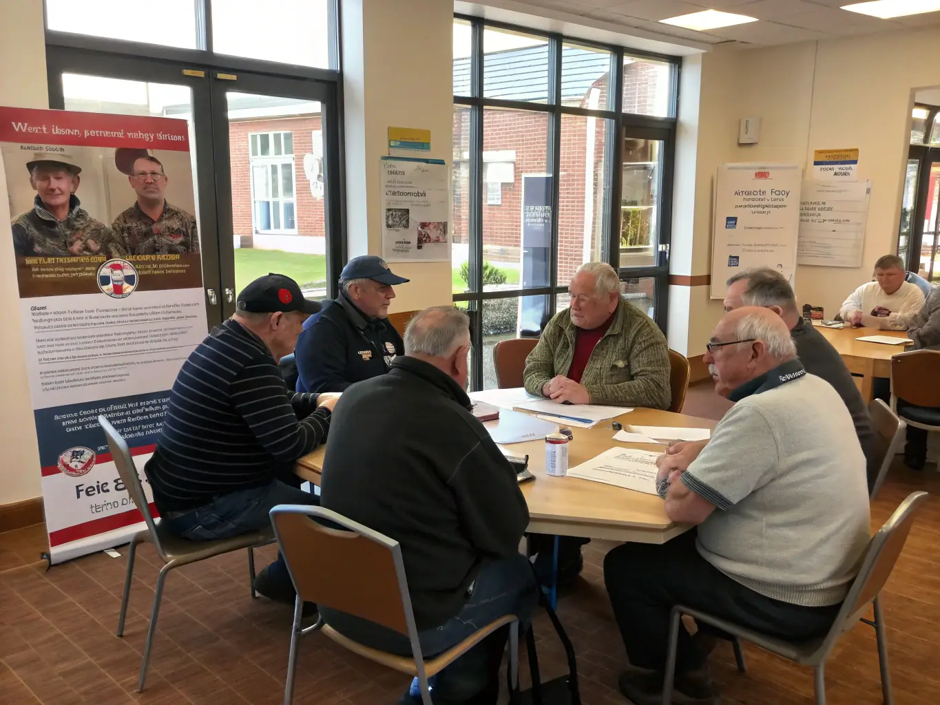 A diverse group of people, including veterans and young individuals, participating in an intergenerational workshop, sharing stories and experiences. The image should convey connection, learning, and mutual respect.