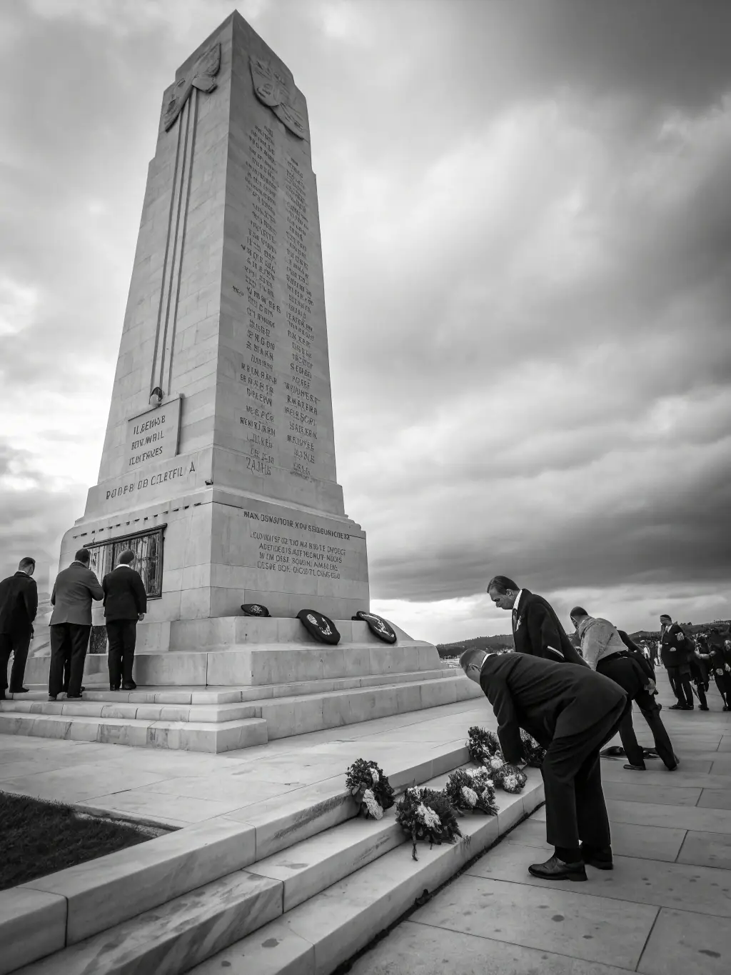 A photograph capturing a solemn Remembrance Day ceremony, with veterans in attendance, flags waving gently, and a wreath laid at the foot of a war memorial, symbolizing respect and remembrance.