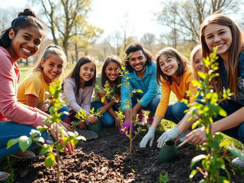 A diverse group of community members participating in a FNACA-organized event, planting trees in a local park, symbolizing growth and remembrance.