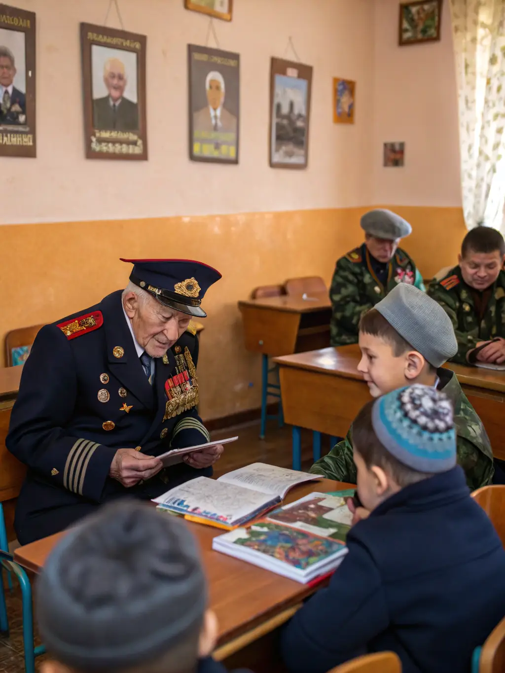 A photograph depicting an Intergenerational Memory Workshop, with veterans sharing stories and experiences with young participants, creating a bridge between generations.