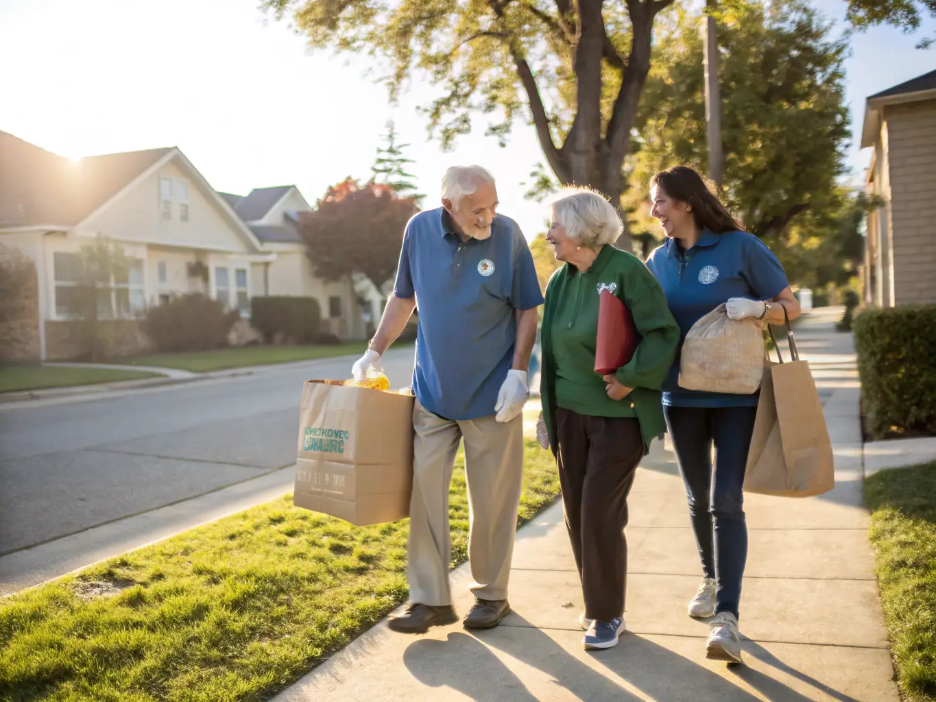 Volunteers participating in a community outreach program, assisting local residents and promoting community well-being. The image should convey compassion, service, and community involvement.