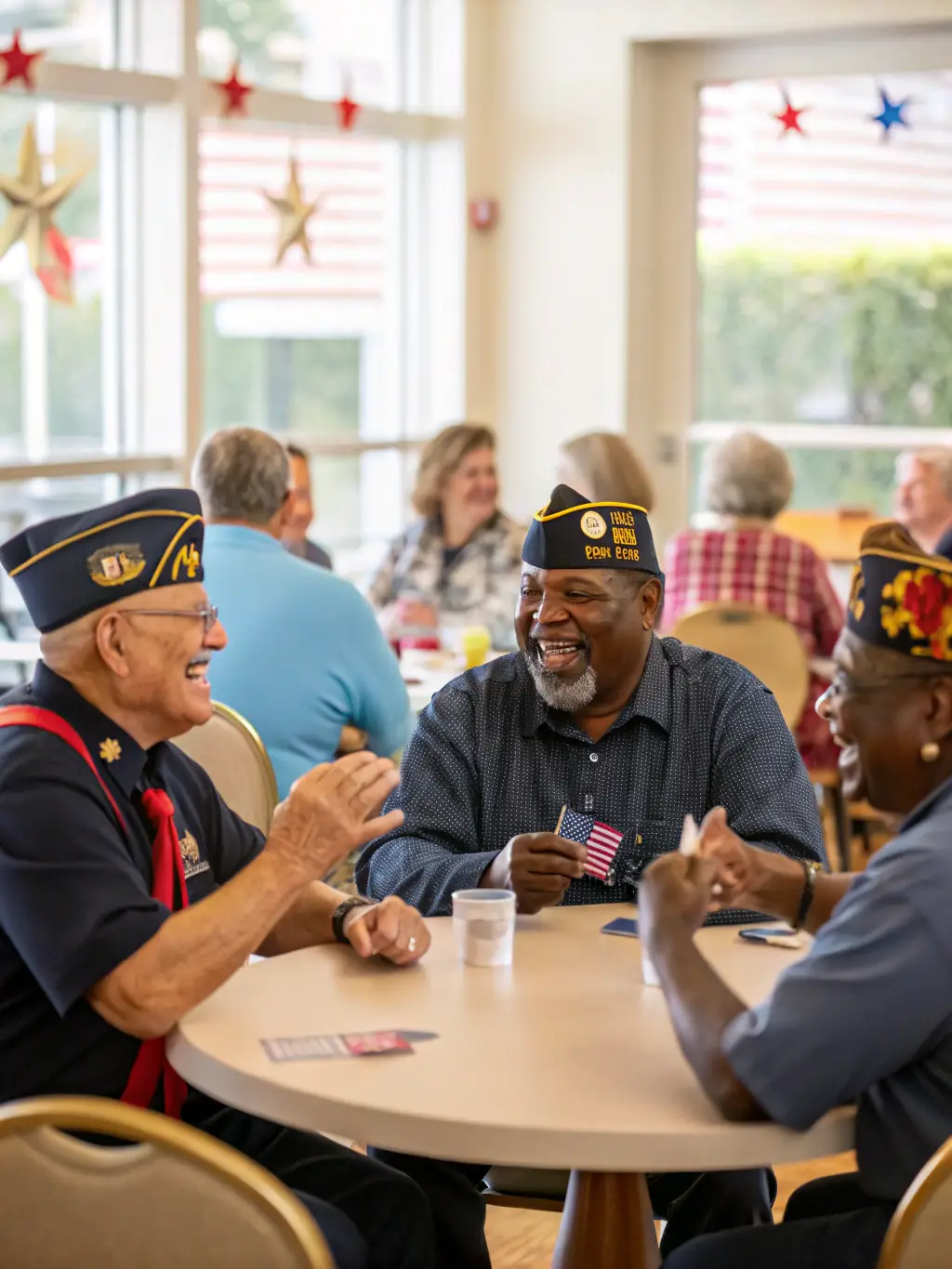 A vibrant image of an intergenerational workshop, showing veterans sharing stories and experiences with young people, fostering understanding and connection between generations.