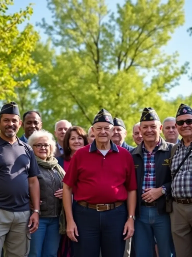 A photograph capturing a Veterans' Commemorative Event, showing veterans and community members gathered around a memorial, with flags waving gently in the background.